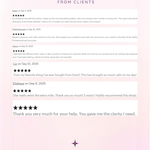Five star client reviews for psychic energy work and cord cutting sessions showing detailed feedback about feeling lighter, professional accurate readings, and personalized spiritual guidance from Mira Celeste