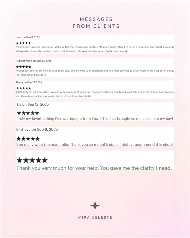 Five star client reviews for psychic energy work and cord cutting sessions showing detailed feedback about feeling lighter, professional accurate readings, and personalized spiritual guidance from Mira Celeste