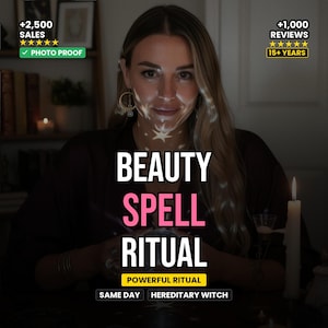 Può includere: Una donna con lunghi capelli biondi è illuminata da una luce a forma di stella, con le parole "BEAUTY SPELL RITUAL" in grandi caratteri. Il testo aggiuntivo include "+2.500 VENDITE", "+1.000 RECENSIONI" e "RITUALE POTENTE".