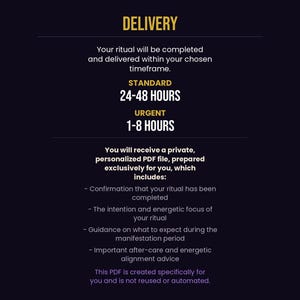 Delivery information showing Standard 24 to 48 hours and Urgent 1 to 8 hours with personalized PDF file contents including ritual confirmation and after care guidance