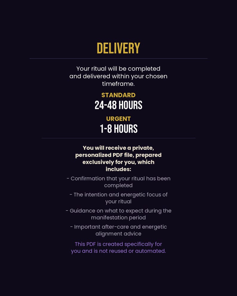 Delivery information showing Standard 24 to 48 hours and Urgent 1 to 8 hours with personalized PDF file contents including ritual confirmation and after care guidance