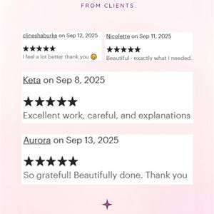 Client testimonials with five star ratings praising careful spell work and energy clearing results, showing repeat customers recommending psychic cord cutting and spiritual ritual sessions by Mira Celeste
