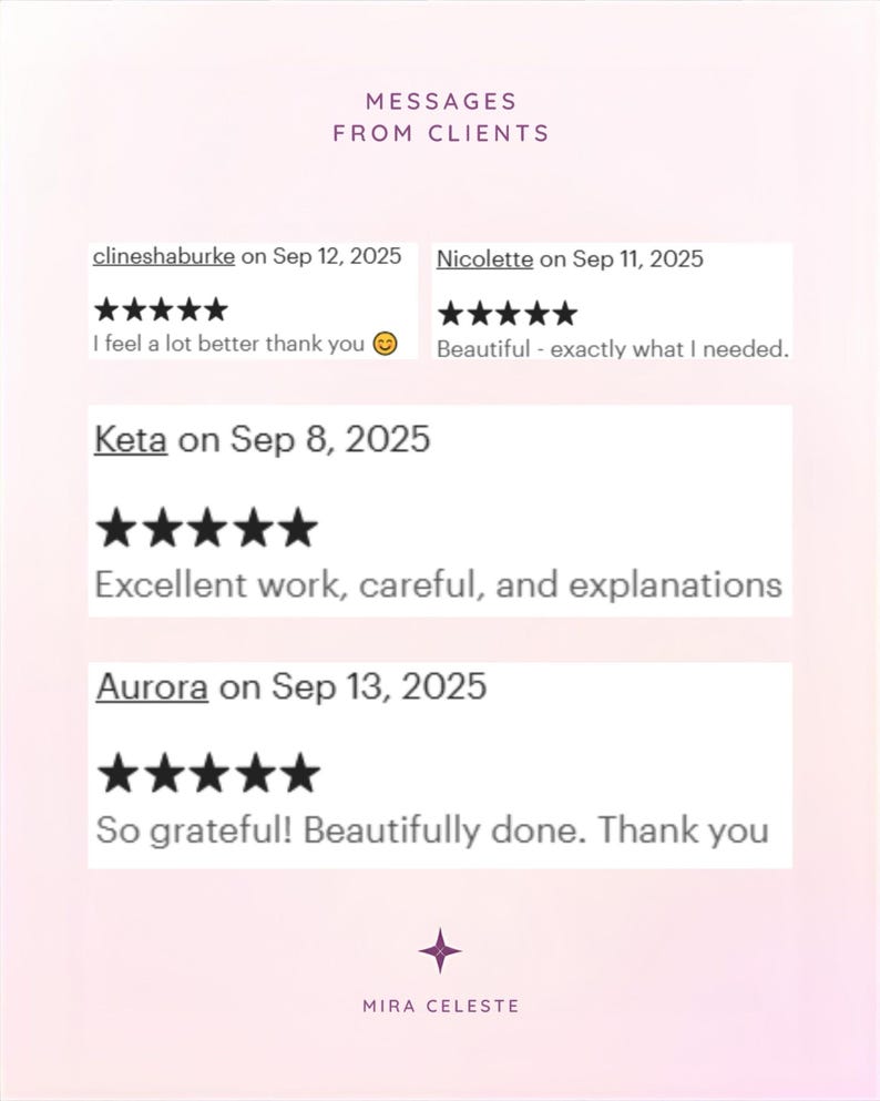Client testimonials with five star ratings praising careful spell work and energy clearing results, showing repeat customers recommending psychic cord cutting and spiritual ritual sessions by Mira Celeste