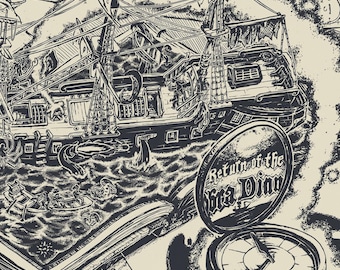 Obra Dinn Poster: Hand-Drawn Pirate Ship Illustration