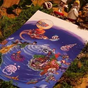 An Odyssey around the World - Super Mario Odyssey 11x17 illustrated poster - All kingdoms in a hand-drawn diorama