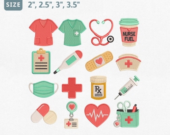 Nurse Embroidery Design Bundle, Medical Icons Machine Embroidery File, Scrubs Stethoscope Bandage Syringe Heart Nurse Week Set Pes File