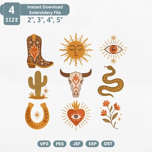 May include: A digital embroidery file set featuring nine western-themed designs including a cowboy boot, sun, eye, cactus, bull skull, snake, horseshoe, heart with an eye, and flowers. Text reads 4 SIZE 2", 3", 4", 5" and VP3 PES JEF EXP DST.