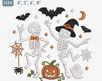 Dancing Skeletons Embroidery Design, Spooky Halloween Skeleton Couple Machine Embroidery File, Witch Hat Pumpkin Ghost Bats Pes File Set