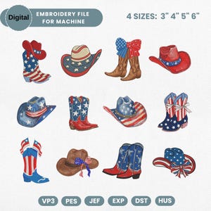 Op de afbeelding: Digitaal borduurbestand voor machine. De afbeelding toont cowboylaarzen en -hoeden in rood, wit en blauw, met ster- en streepmotieven. De ontwerpen zijn verkrijgbaar in 4 maten: 7,6 cm, 10,2 cm, 12,7 cm en 15,2 cm.