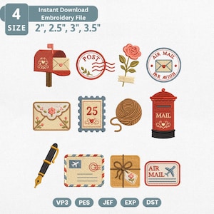 Può includere: Un set di file per ricamo digitale con disegni a tema postale che includono cassetta delle lettere, timbro, rosa, etichetta posta aerea, busta, francobollo, gomitolo di lana, penna stilografica e pacco in 5cm, 6cm, 8cm, 9cm.