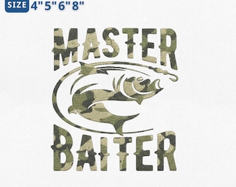 Camo Bass Fishing Embroidery Design, Master Baiter Funny Fishing Phrase Embroidery File, Rustic Fishing Season Pes File, Instant Download