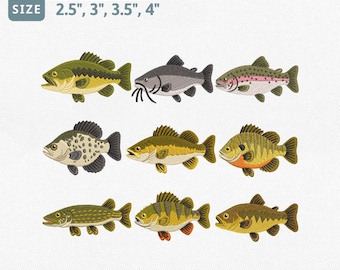 Freshwater Fish Embroidery Design Bundle, Lake River Fishing Machine Embroidery File, Bass Catfish Trout Perch Walleye Crappie Set Pes File