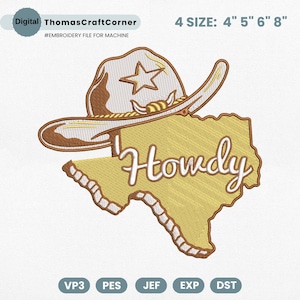 Howdy Texas Embroidery Design, Western Cowboy Hat Outline Embroidery Machine File, Southern State Embroidery File, Retro Texas Pes File