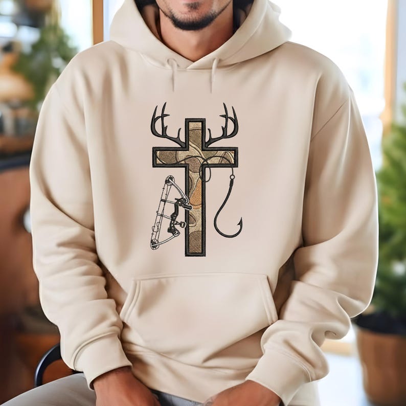 Faith Hunting Cross Embroidery File, Camo Cross With Antlers and Bow ...