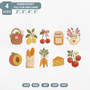 Pode incluir: Um arquivo de bordado para máquina com vários designs com tema de comida. A imagem inclui uma cesta de morangos, limões, cerejas, um pote de geleia, um regador com flores, um pêssego, pão, cenouras, queijo e tomates. Tamanhos: 2", 3", 4", 5".