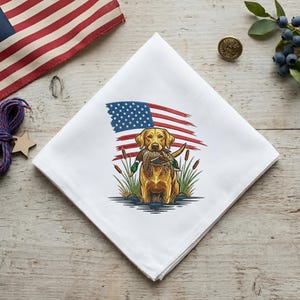 May include: White handkerchief featuring a yellow Labrador Retriever holding a duck, with an American flag design in the background. The dog is surrounded by reeds, creating a patriotic and outdoorsy theme.