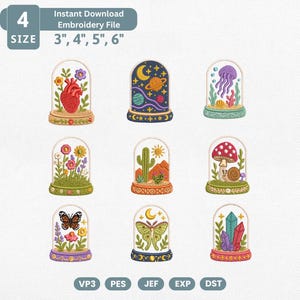 May include: A set of nine embroidery designs featuring various motifs inside glass domes, including an anatomical heart, space scene, jellyfish, flowers, cactus, mushroom with a snail, butterfly, moth, and crystals. Text reads 4 SIZE 3", 4", 5", 6".
