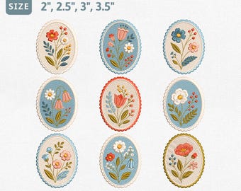 Floral Embroidery Design Bundle, Vintage Botanical Oval Cameo Machine Embroidery File, Daisy Tulip Poppy Bellflower Wildflower Pes File Set