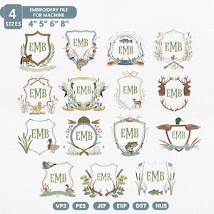 Könnte beinhalten: Eine Sammlung von 12 Stickdateien mit Naturmotiven. Jedes Design zeigt die Buchstaben "EMB" und ist von Illustrationen von Tieren, Pflanzen und jagdbezogenen Elementen umgeben. Die Designs sind in vier Größen erhältlich: 10,16 cm, 12,7 cm, 15,24 cm und 20,32 cm.
