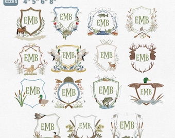 Fishing and Hunting Crest Embroidery Bundle, Duck Hunting Monogram Frame File, Bass Fishing Frame File, Deer Hunting Crest, Instant Download