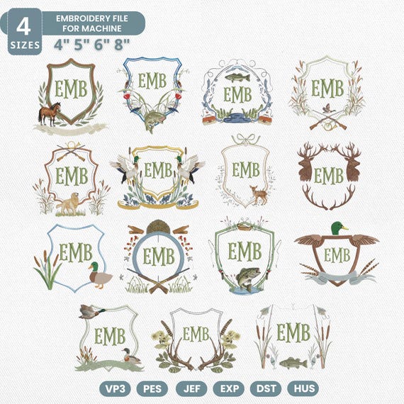 Fishing and Hunting Crest Embroidery Bundle, Duck Hunting Monogram Frame File, Bass Fishing Frame File, Deer Hunting Crest, Instant Download