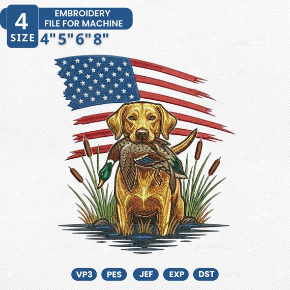 Patriotic Golden Labrador Embroidery Design, American Flag Hunting Dog Embroidery File, 4th of July Hunting Digital File, Instant Download