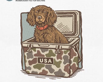 May include: Digital embroidery file featuring a brown dog with a red collar sitting in a cooler with a camouflage pattern and the word "USA". The design is available in 3 sizes: 5", 6", and 8". The text "ThomasCraftCorner" and "#EMBROIDERY FILE FOR MACHINE" are also included.