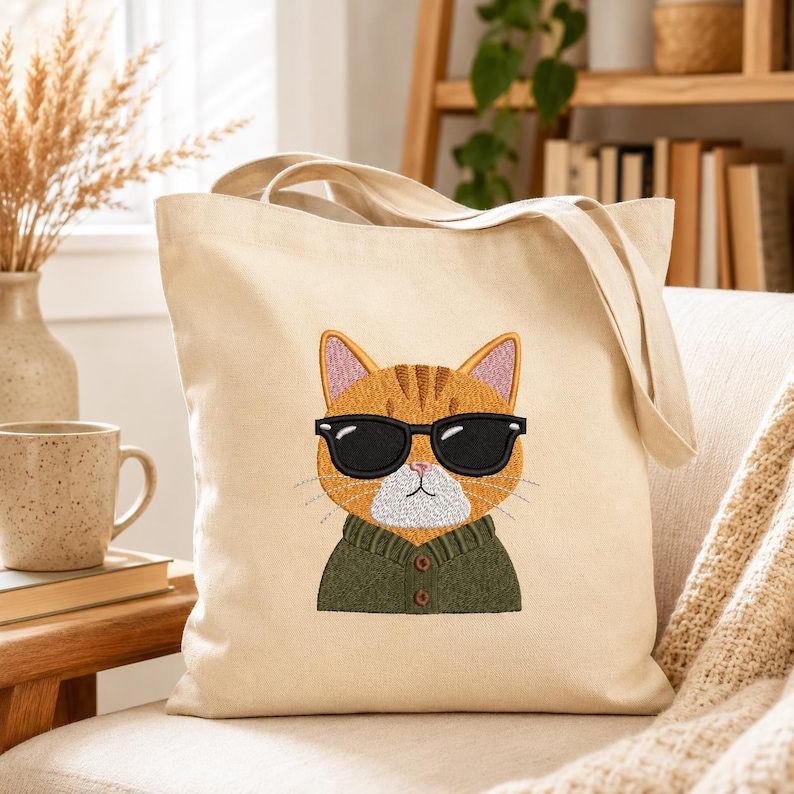 May include: A beige canvas tote bag featuring an embroidered graphic of an orange tabby cat wearing black sunglasses and a dark green button-up sweater. The cat has a white muzzle, pink inner ears, and a serious expression on its face.
