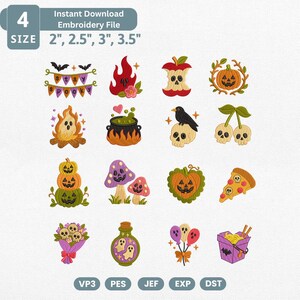 Könnte beinhalten: Ein digitales Stickdateien-Set mit 16 Halloween-Motiven wie Kürbissen, Totenköpfen, Geistern, einem Kessel und Fledermäusen. Text: 4 SIZE 2", 2.5", 3", 3.5". Die Dateiformate VP3, PES, JEF, EXP und DST sind für den Download enthalten.