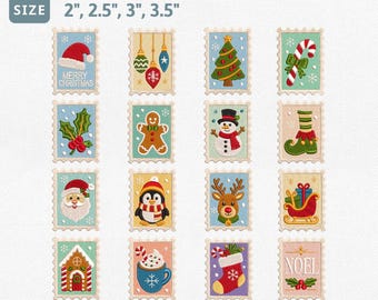 Christmas Postage Stamp Embroidery Design Bundle, Holiday Machine Embroidery File, Santa Snowman Reindeer Tree Gingerbread Pes Set