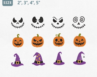 Halloween Mini Embroidery Design Bundle, Pumpkin Face Witch Hat Machine Embroidery File, Jack O Lantern Spooky Face Icon Set Cute Pes File