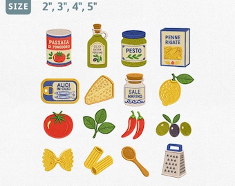Italian Food Embroidery Design Bundle, Mediterranean Pantry Machine Embroidery File, Pasta Pesto Olive Oil Tomato Lemon Icons Set, Pes File