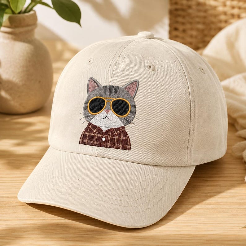 May include: A beige baseball cap featuring an embroidered graphic of a grey tabby cat wearing yellow-rimmed sunglasses and a brown plaid button-down shirt. The cap has a structured crown, a curved brim, and stitched eyelets for ventilation.