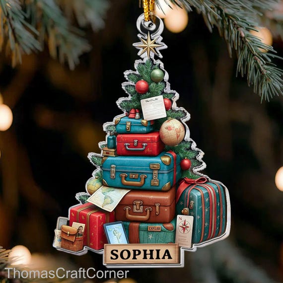 カスタムスーツケースツリークリスマスオーナメント、旅行好きや冒険家