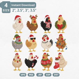 May include: A set of twelve machine embroidery designs featuring chickens in various holiday outfits, including Santa hats, reindeer antlers, scarves, wreaths, earmuffs, Christmas lights, candy canes, sweaters, and stockings, available in 2", 2.5", 3", and 3.5" sizes.