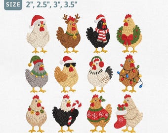 Christmas Chicken Embroidery Design Bundle, Holiday Hen Rooster Machine Embroidery File Set, Santa Reindeer Wreath Candy Cane PES Pattern