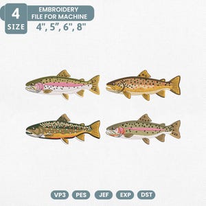 May include: Four embroidered fish designs in various colors, including brown, green, and pink, are displayed. The text "EMBROIDERY FILE FOR MACHINE" and sizes 4", 5", 6", 8" are visible. The design files are compatible with VP3, PES, JEF, EXP, and DST formats.
