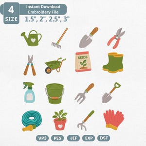 May include: A digital embroidery file set featuring gardening icons including a watering can, rake, trowel, shears, wheelbarrow, seed packet, boots, spray bottle, bucket, fork, shovel, hose, potted plant, cultivator, and gloves in 1.5, 2, 2.5, and 3 inch sizes.