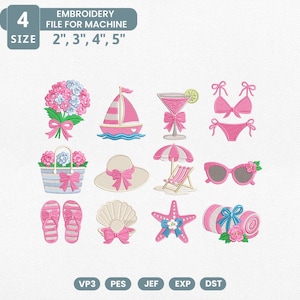 May include: A collection of pink and white embroidery designs featuring summer and beach themes. Designs include a sailboat, bikini, sunglasses, beach umbrella, and a rolled-up towel. The text at the top reads "EMBROIDERY FILE FOR MACHINE" and "SIZE 2", 3", 4", 5".