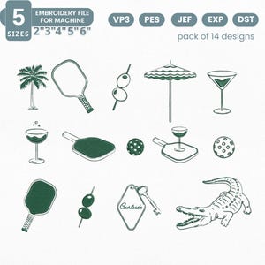 Puede incluir: Un archivo de bordado con 14 diseños, incluyendo una palmera, una pala de pickleball, aceitunas, una sombrilla de cóctel, una copa de martini y un llavero con la inscripción "Courtside". El archivo está disponible en 5 tamaños: 5 cm, 7.6 cm, 10.2 cm, 12.7 cm y 15.2 cm.