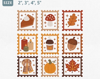 Fall Postage Stamp Embroidery Design Bundle, Autumn Icons Machine Embroidery File, Pumpkin Pie Mushroom Acorn Maple Leaf Set Pes File