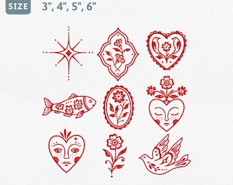 Redwork Folk Art Embroidery Design Bundle, Floral Heart Bird Fish Machine Embroidery File, Vintage Flower Ornament Line Art Set Pes File