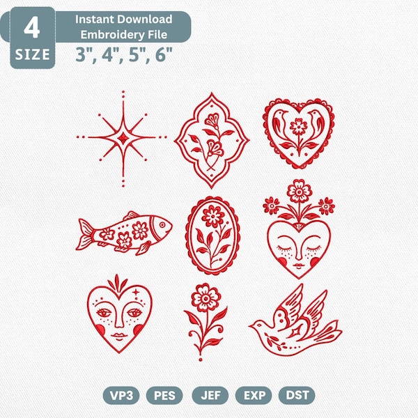 Paquete de diseños de bordado de arte popular Redwork, archivo de bordado a máquina de flores, corazones, pájaros y peces, conjunto de arte lineal de adornos florales vintage en formato PES.