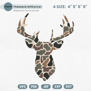 May include: Digital embroidery file of a deer head silhouette with a camouflage pattern in shades of brown, green, and tan. The design is available in four sizes: 4", 5", 6", and 8". The text "ThomasCraftCorner" and "#EMBROIDERY FILE FOR MACHINE" are also visible.