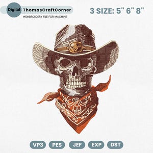 Western Cowboy Skull Embroidery Design, Western Halloween Embroidery File, Spooky Western Skeleton Embroidery File, Spooky Season Pes File