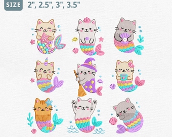 Mermaid Cat Embroidery Design Bundle, Cute Kitty Mermaid Machine Embroidery File, Pastel Seashell Starfish Witch Cat Ocean Pet Set Pes File