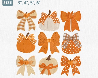 Fall Pumpkin Bow Embroidery Design Bundle, Autumn Coquette Pumpkin Machine Embroidery File, Cream Orange Gingham Polka Dot Bow Set Pes File