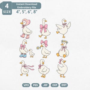 May include: An embroidery file set featuring nine white geese with orange beaks and feet, adorned with pink bows, floral bonnets, daisy crowns, and rain boots. The text reads: 4 SIZE, Instant Download Embroidery File, 4", 5", 6", 8", VP3, PES, JEF, EXP, DST.