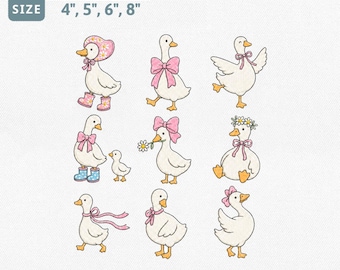 Cute Goose Embroidery Design Bundle, Silly Goose Machine Embroidery File, Bow Goose Floral Bonnet Rain Boots, Daisy Goose Pes File Set