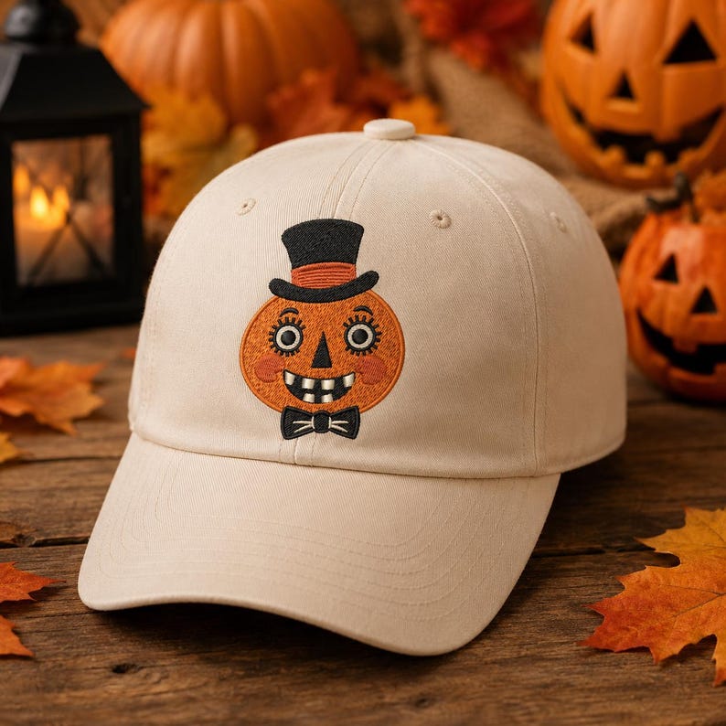Puede incluir: Una gorra de b&eacute;isbol beige con un dise&ntilde;o bordado de un personaje de calabaza naranja sonriente que lleva un sombrero de copa negro y una pajarita negra. La calabaza tiene ojos grandes con pesta&ntilde;as largas, una nariz triangular y una sonrisa.